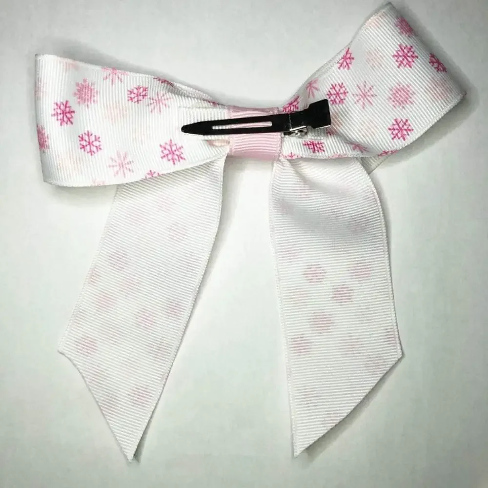 Girls Pink & White Snowflake Small Hair Bow